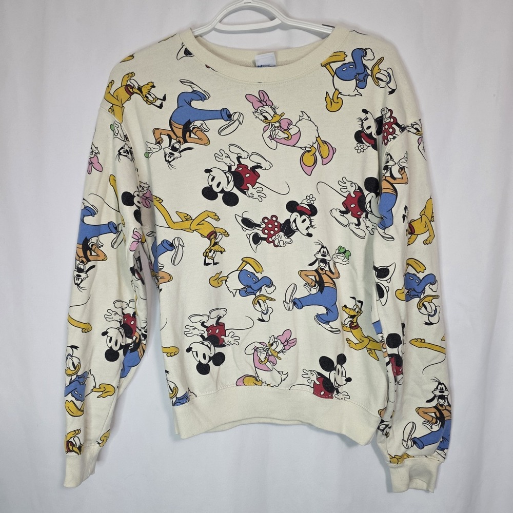 Disney Mickey & Friends All Over Print Cream Sweatshirt XS Mickey Minnie Goofy